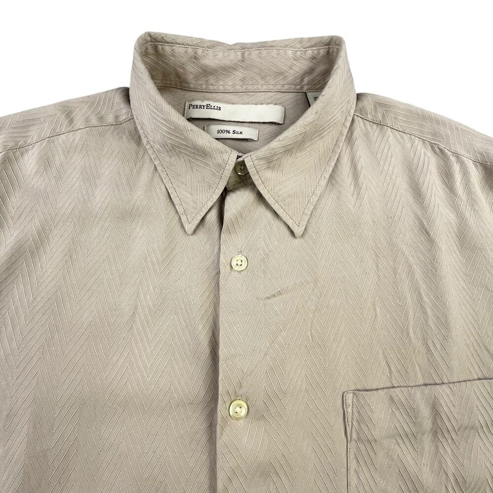 Perry Ellis Silk Shirt Men’s L Beige Tan Short Sleeve Geometric Pattern Pocket